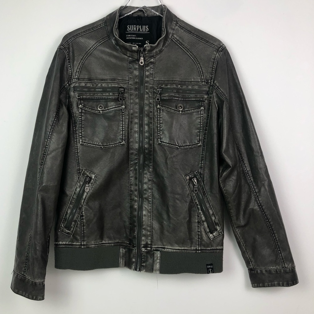 Surplus Gray Silver Distressed Vegan Leather Style Full Zipper Jacket Size Small
